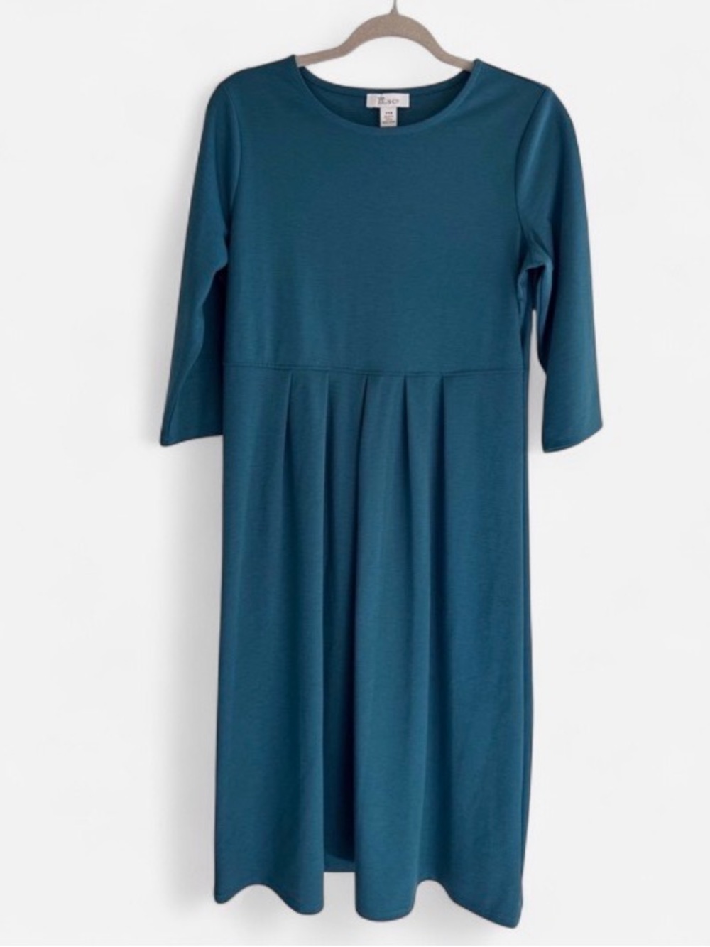 The TOG Shop Empire Jersey Knit Midi Dress Med MP Teal 3/4 Sleeve Pleated Modest